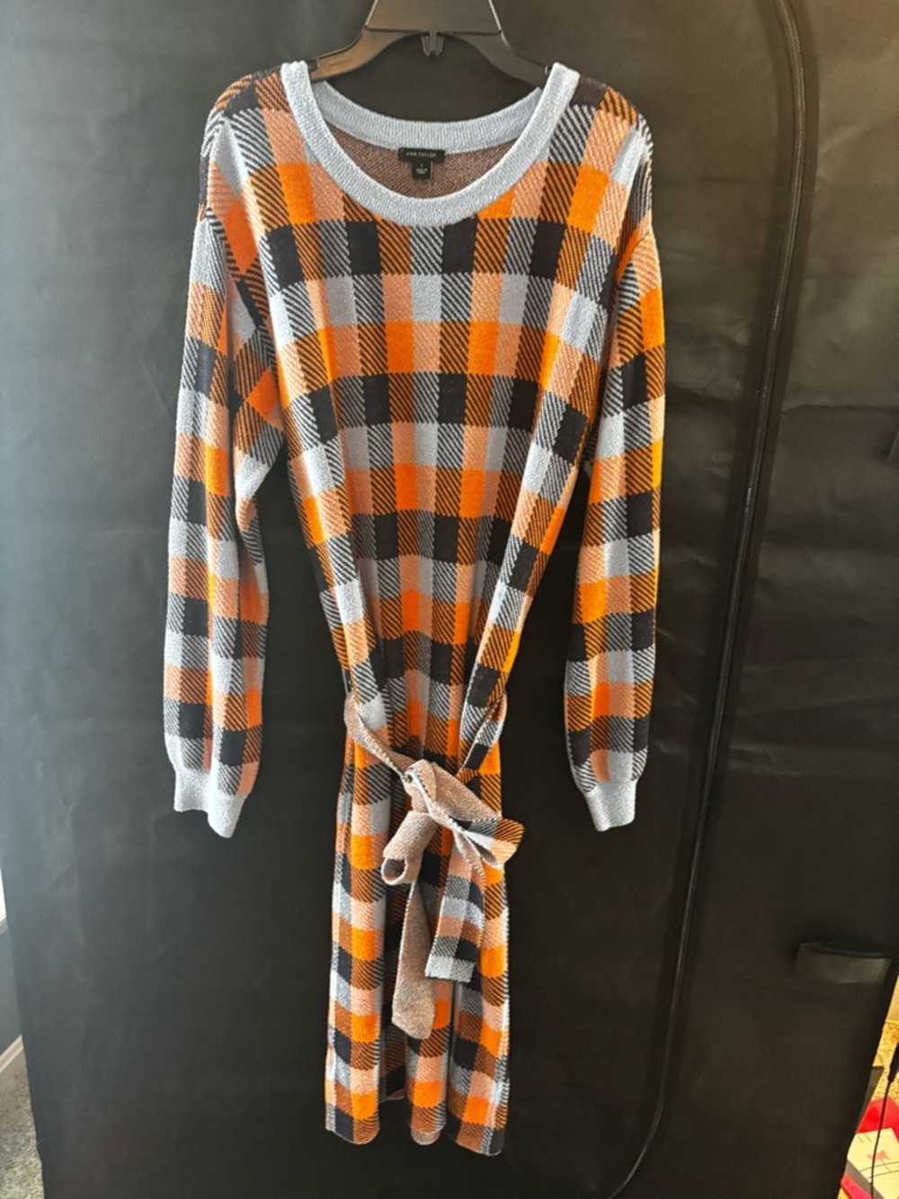 Ann Taylor Check Plaid Belted Midi Sweater Dress - Picture 3 of 9